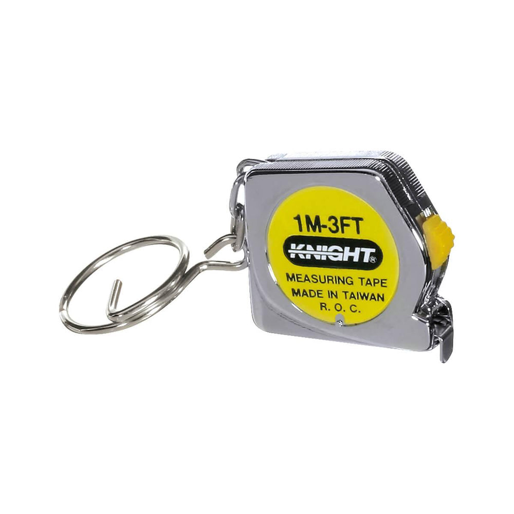 Silver mini tape measure keychain with yellow 1M-3FT dial, a construction party favor