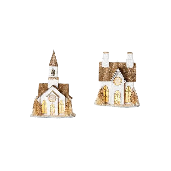 GOLD & WHITE CHURCH ORNAMENT One Hundred 80 Degrees Christmas Ornament Bonjour Fete - Party Supplies