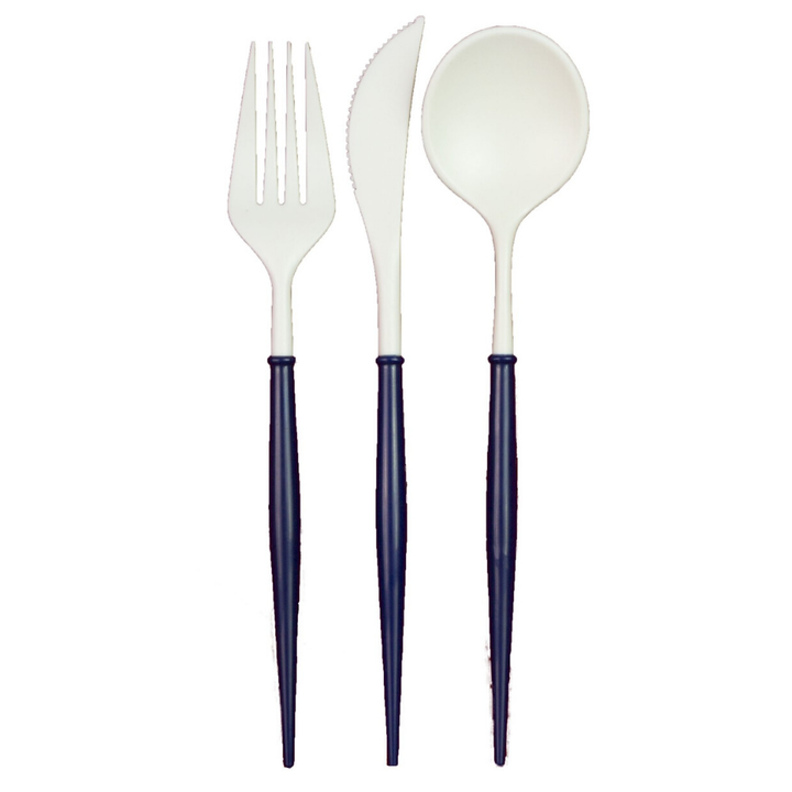 NAVY BLUE AND WHITE PREMIUM CUTLERY Sophistiplate LLC Cutlery Bonjour Fete - Party Supplies