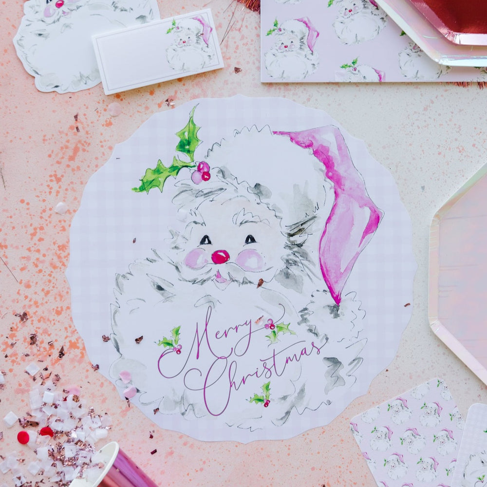 HANDPAINTED POSH PINK SANTA DIE-CUT PLACEMAT Rosanne Beck Collections Christmas Holiday Party Supplies Bonjour Fete - Party Supplies