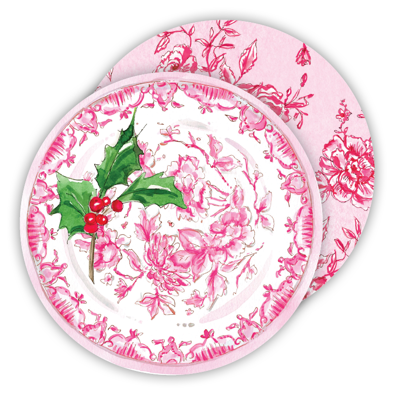 HANDPAINTED FANCY PINK FLORAL CHINOISERIE ROUND COASTER Rosanne Beck Collections Christmas Holiday Party Supplies Bonjour Fete - Party Supplies
