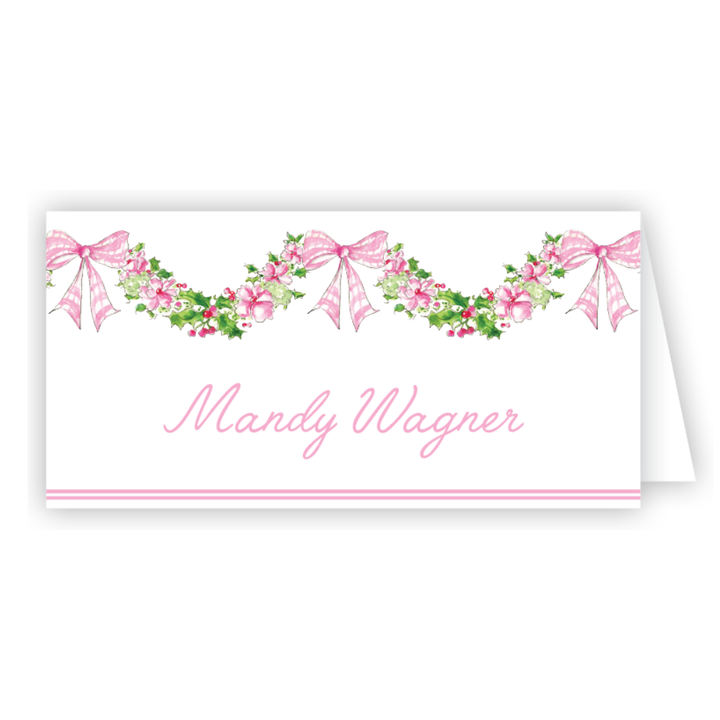 HANDPAINTED PINK FLORAL AND HOLLY SWAG PLACE CARD Rosanne Beck Collections Christmas Holiday Party Supplies Bonjour Fete - Party Supplies
