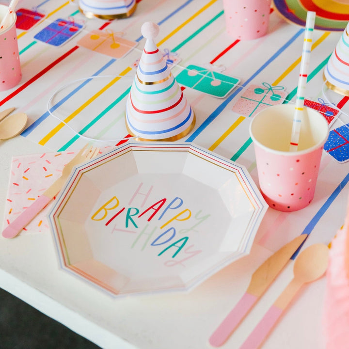 RAINBOW STRIPE HAPPY BIRTHDAY PARTY PLATES Oui Party Plates Bonjour Fete - Party Supplies