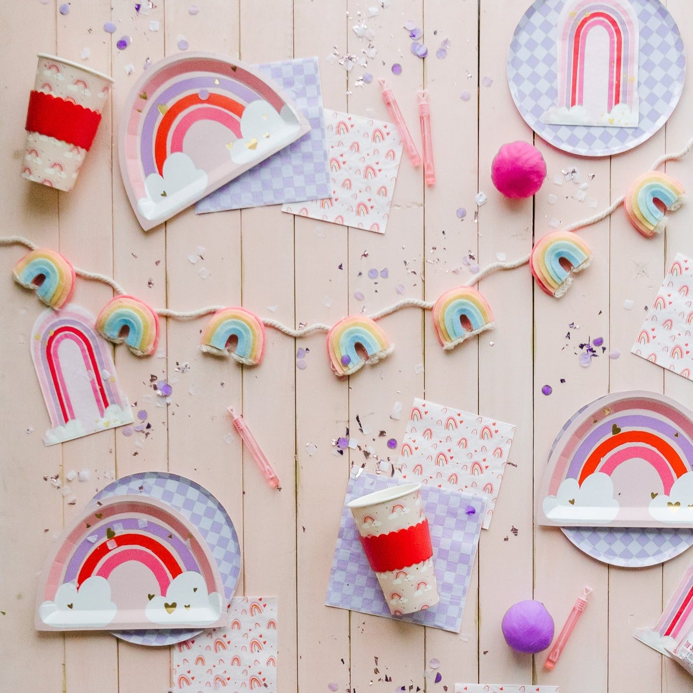 Rainbow party supplies to use for any rainbow theme party.