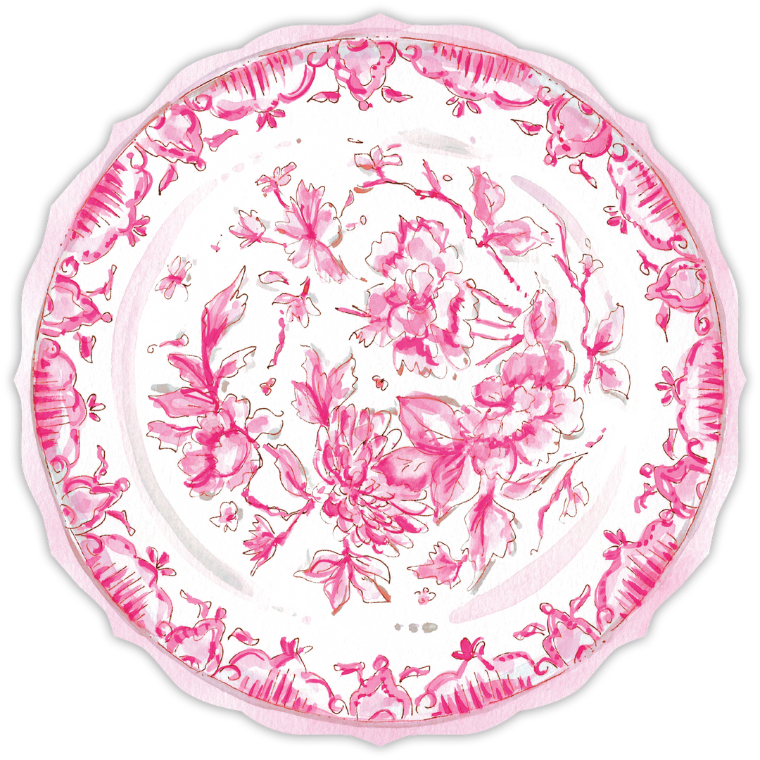 HANDPAINTED POSH PINK CHINOISERIE PLATE DIE-CUT PLACEMAT Rosanne Beck Collections Christmas Holiday Party Supplies Bonjour Fete - Party Supplies