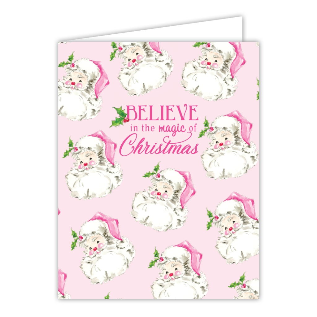 PINK SANTA BELIEVE IN THE MAGIC OF CHRISTMAS GREETING CARD Rosanne Beck Collections Gift Wrapping Bonjour Fete - Party Supplies