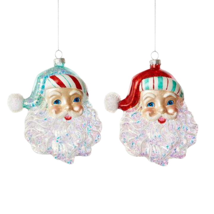 CANDY STRIPE SANTA HEAD GLASS ORNAMENT Regency International Christmas Ornament Bonjour Fete - Party Supplies