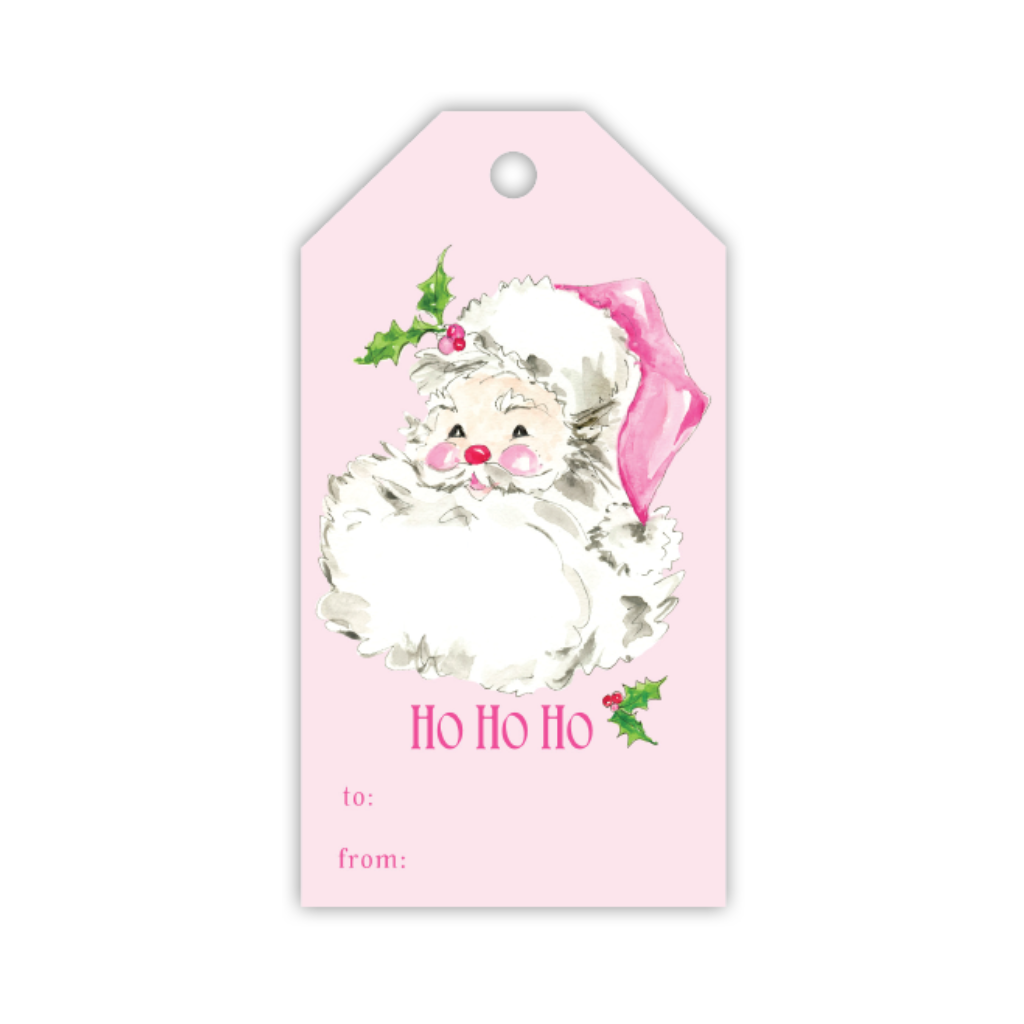 HANDPAINTED HO HO HO PINK SANTA GIFT TAG Rosanne Beck Collections Gift Wrapping Bonjour Fete - Party Supplies
