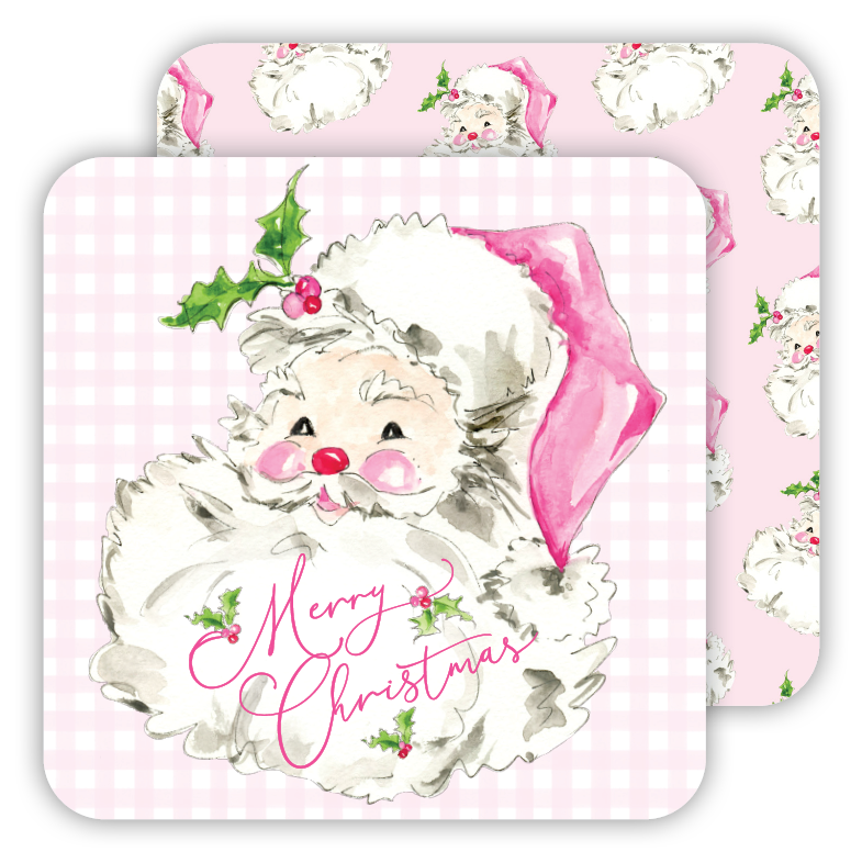 HANDPAINTED PINK SANTA PAPER COASTER Rosanne Beck Collections Christmas Holiday Party Supplies Bonjour Fete - Party Supplies