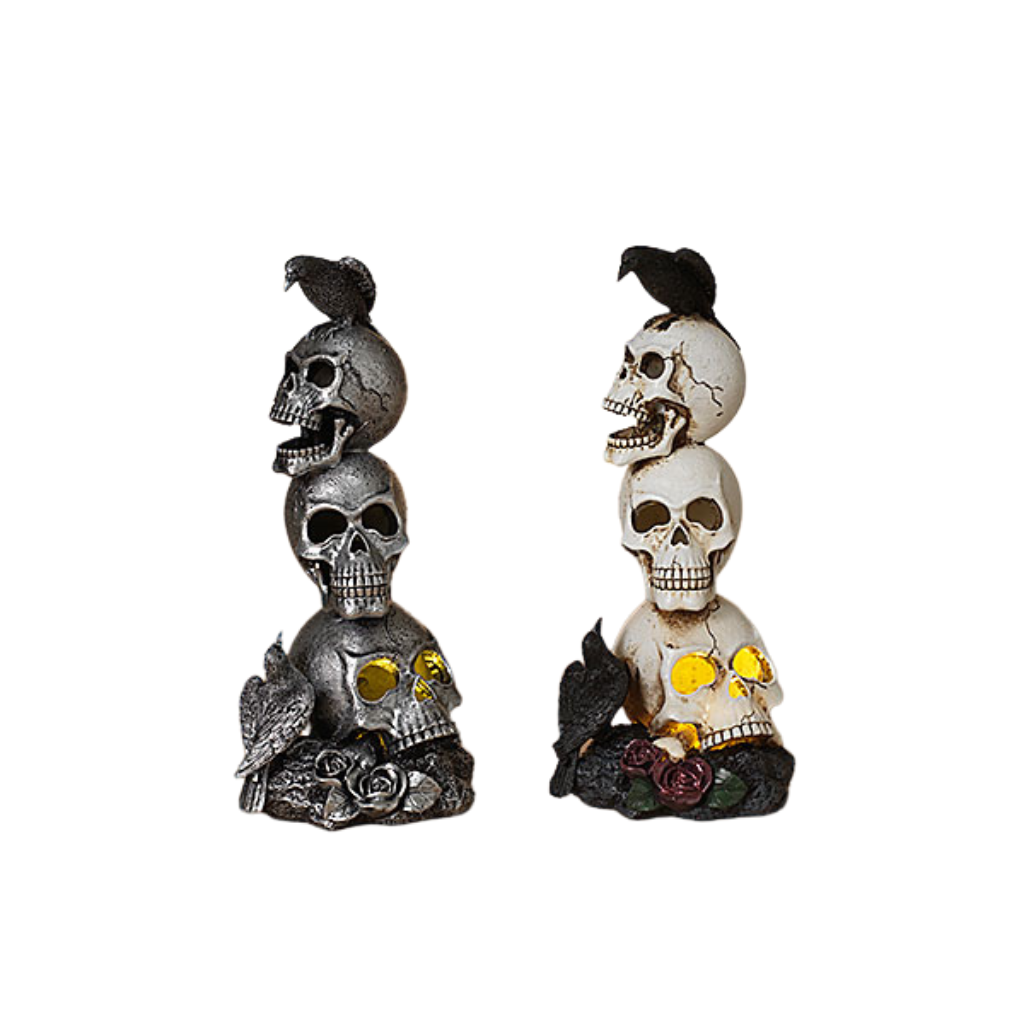HALLOWEEN LIGHT-UP STACKING SKULL FIGURINES The Gerson Companies Halloween Home Decor Bonjour Fete - Party Supplies