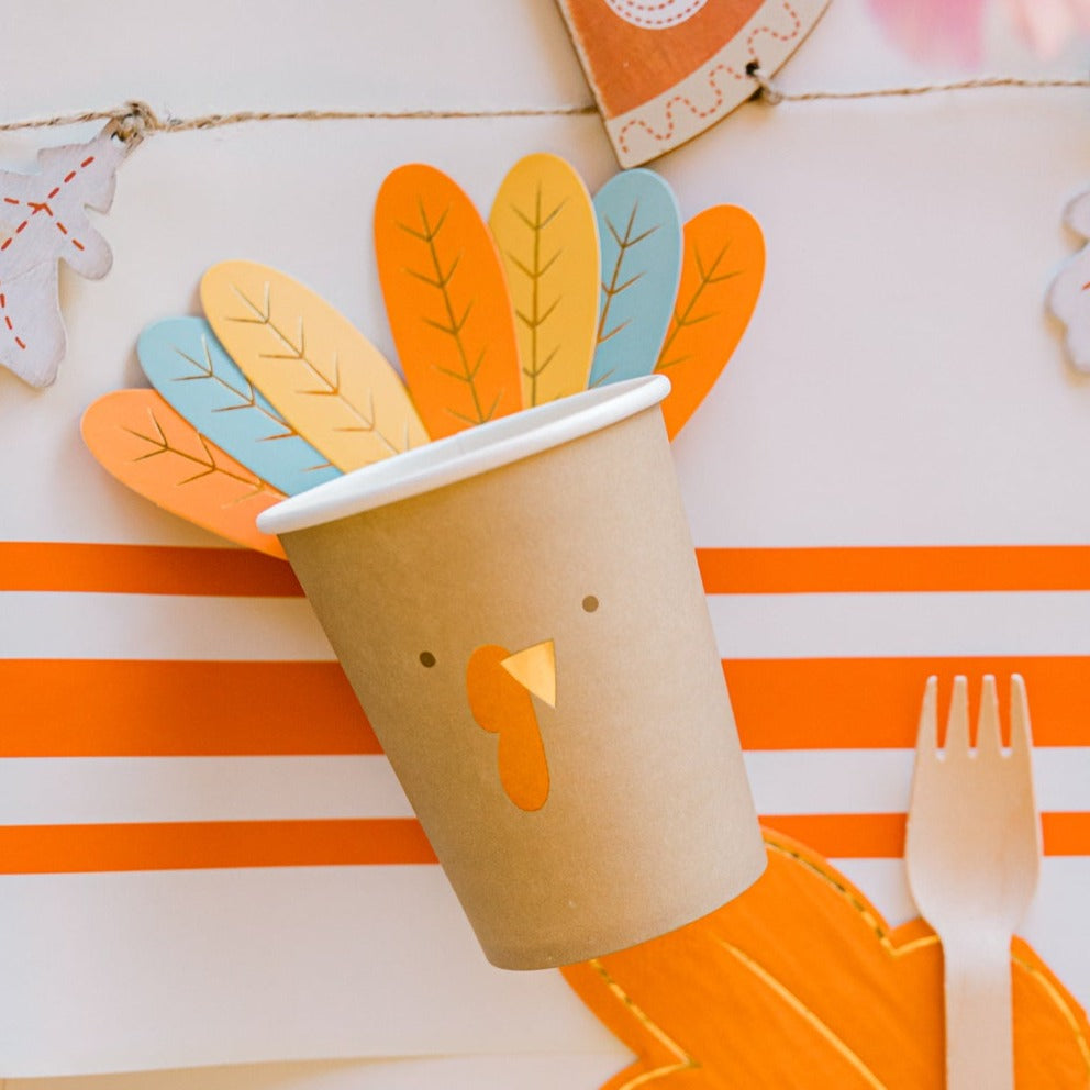 HARVEST TURKEY PAPER PARTY CUPS My Mind’s Eye Thanksgiving Party Supplies Bonjour Fete - Party Supplies