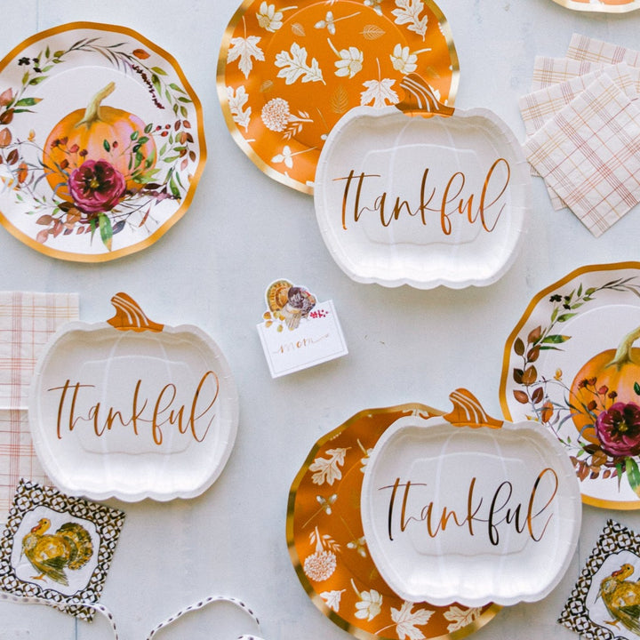 THANKFUL PUMPKIN SHAPED PLATES Unique Thanksgiving Party Supplies Bonjour Fete - Party Supplies