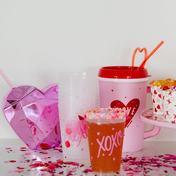 PINK DISCO HEART TUMBLER CUP WITH STRAW Packed Party Cups Bonjour Fete - Party Supplies