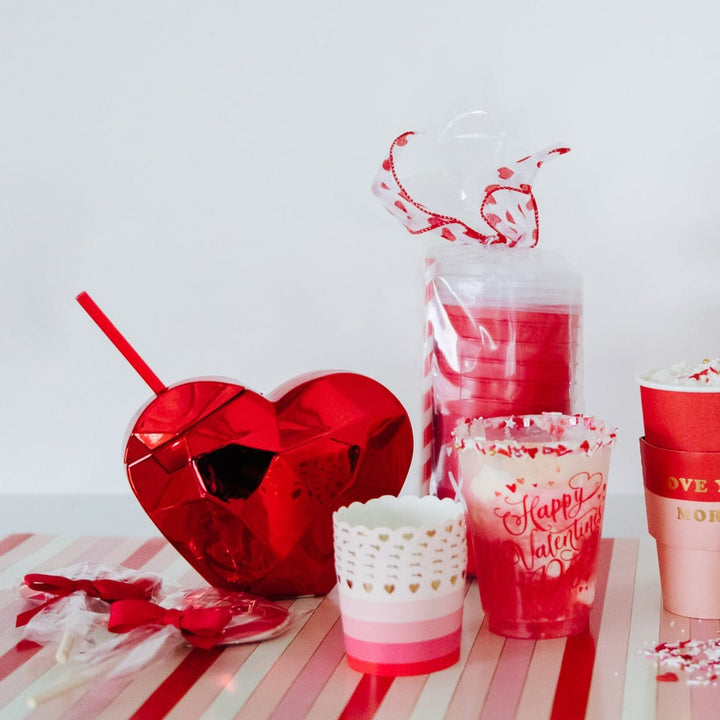 RED DISCO HEART TUMBLER WITH STRAW Packed Party Cups Bonjour Fete - Party Supplies