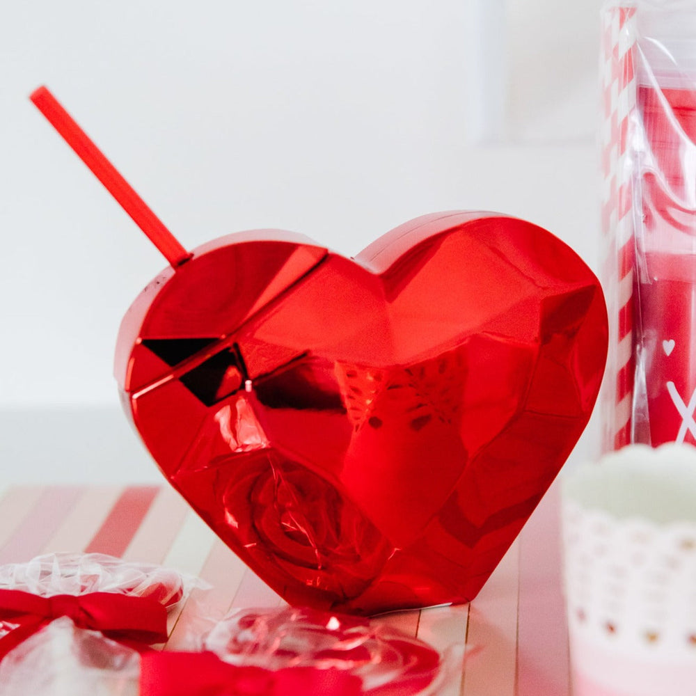 RED DISCO HEART TUMBLER WITH STRAW Packed Party Cups Bonjour Fete - Party Supplies