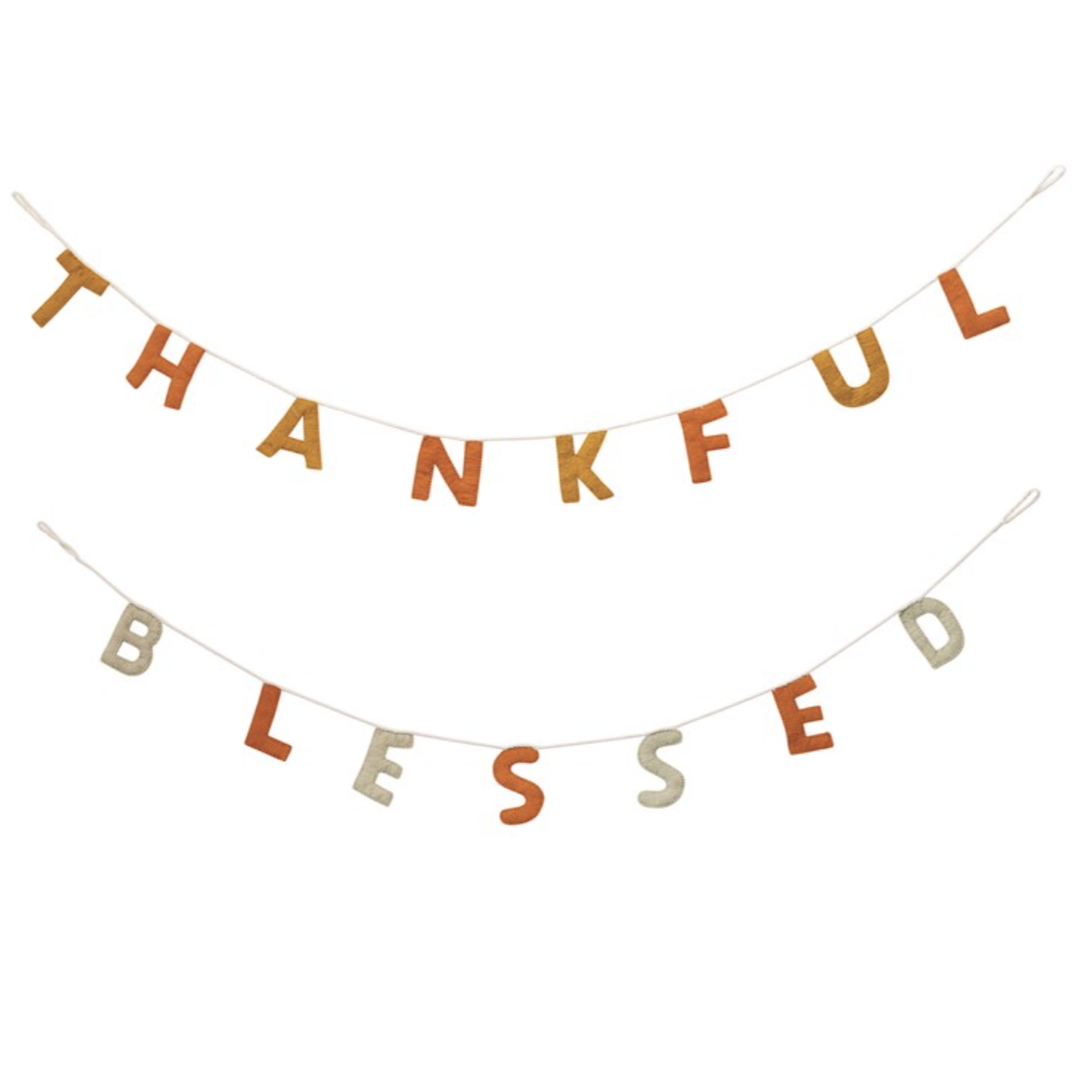 THANKFUL/BLESSED WOOL FELT BANNER MULTI COLOR Creative Co-op Thanksgiving Decor Bonjour Fete - Party Supplies