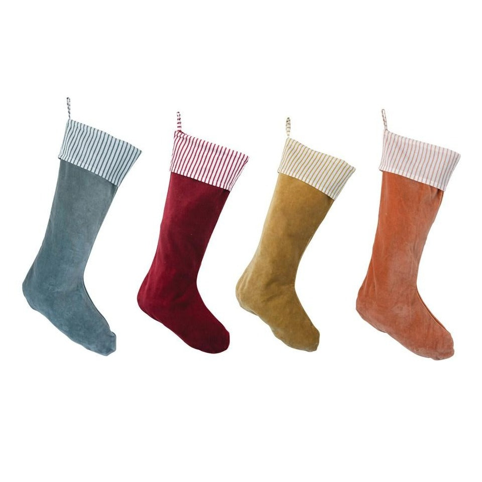 VELVET STOCKING WITH COTTON STRIPED CUFF Creative Co-op Stocking Bonjour Fete - Party Supplies