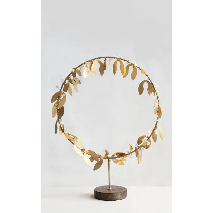 METAL AND GLASS BEAD WREATH WITH LEAVES AND BERRIES ON MANGO WOOD STAND BY CREATIVECO-OP Creative Co-op Bonjour Fete - Party Supplies