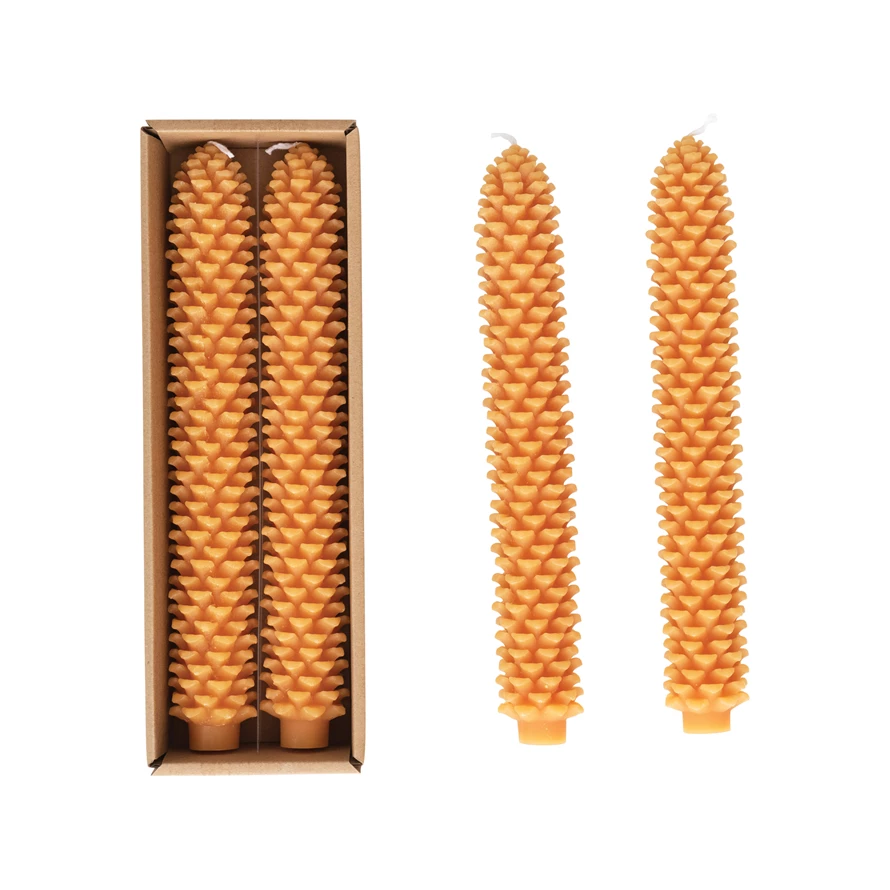 UNSCENTED PINECONE SHAPED TAPER CANDLES SET - YELLOW Creative Co-op Home Candle Bonjour Fete - Party Supplies