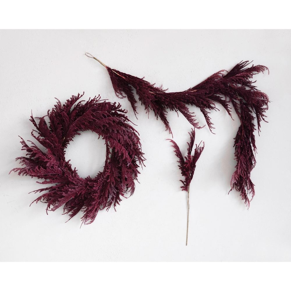 FAUX ROUND PAMPAS GRASS WREATH - BURGUNDY Creative Co-op Home Decor Bonjour Fete - Party Supplies