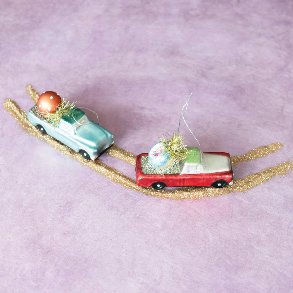 HAND-PAINTED MERCURY GLASS TRUCK ORNAMENT WITH TINSEL AND GLITTER BY CREATIVECO-OP Creative Co-op Bonjour Fete - Party Supplies