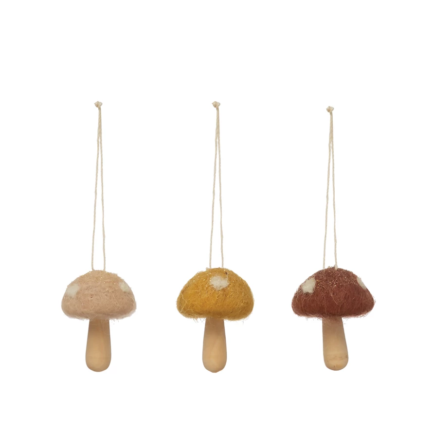 WOOL AND WOOD MUSHROOM ORNAMENT BY CREATIVECO-OP Creative Co-op Bonjour Fete - Party Supplies