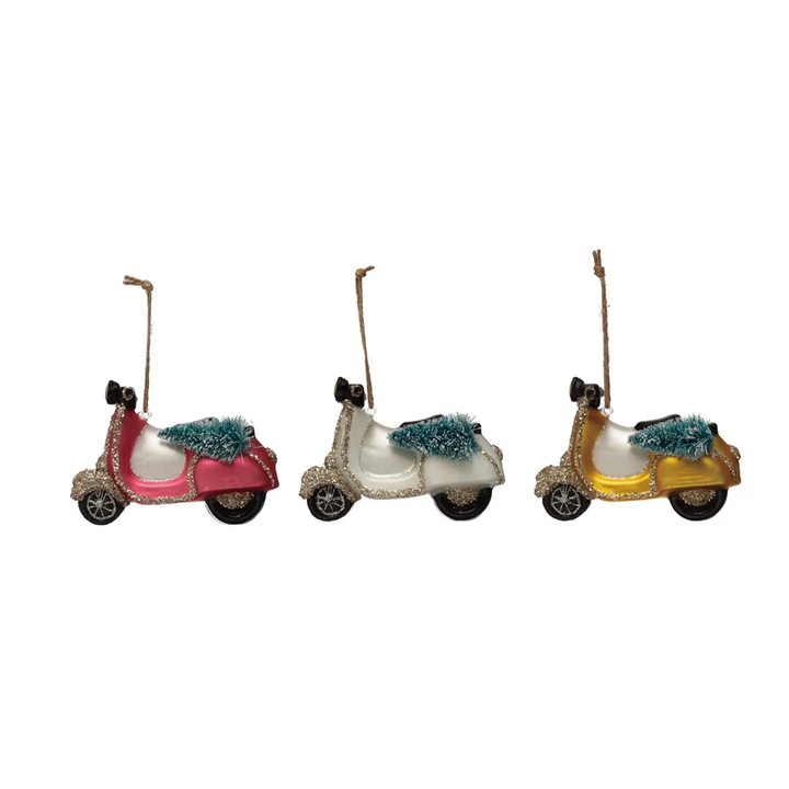 HAND-PAINTED GLASS SCOOTER WITH BOTTLE BRUSH CHRISTMAS TREES BY CREATIVECO-OP Creative Co-op Bonjour Fete - Party Supplies