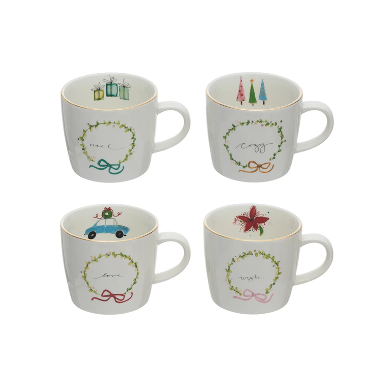CHRISTMAS STONEWARE MUGS BY CREATIVECO-OP Creative Co-op Bonjour Fete - Party Supplies