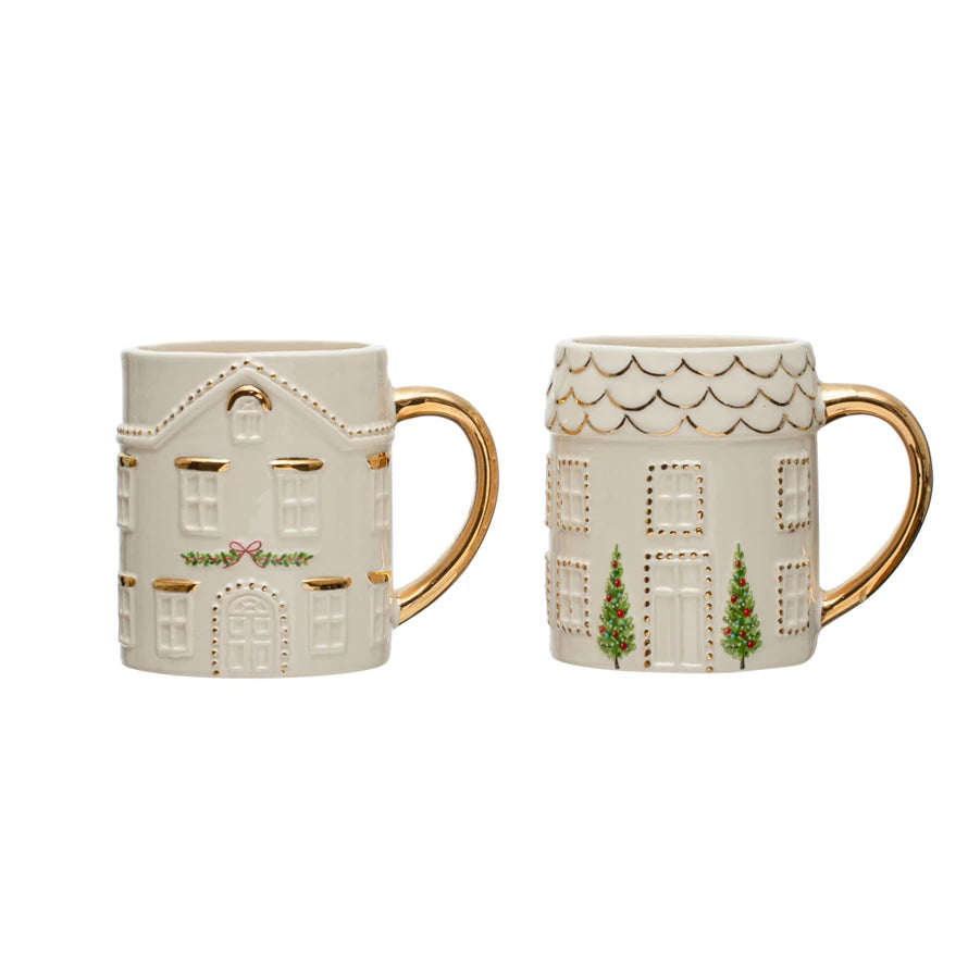 HAND-PAINTED HOIDAY HOUSE MUGS Creative Co-op Bonjour Fete - Party Supplies