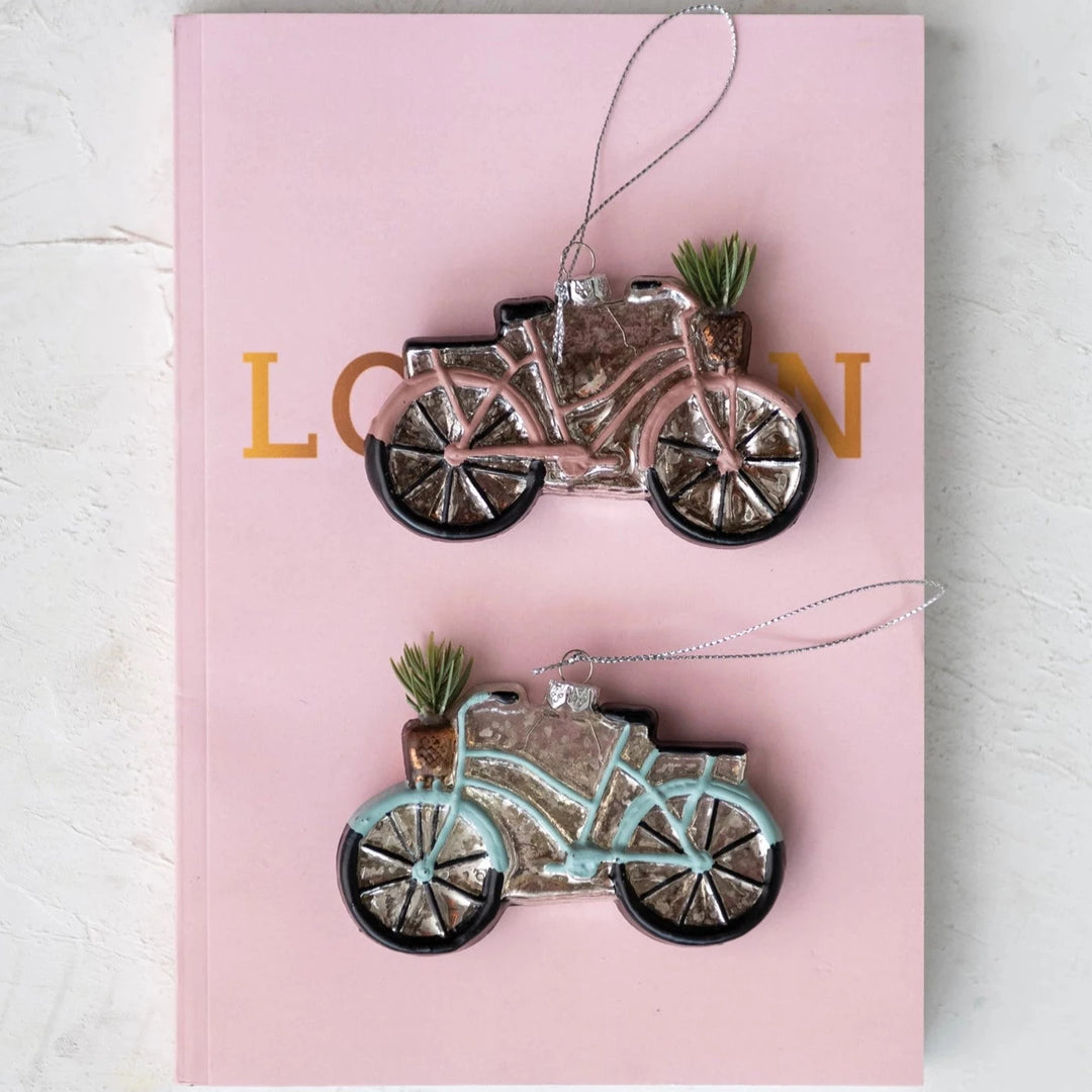 HAND PAINTED GLASS BICYCLE ORNAMENT Creative Co-op Bonjour Fete - Party Supplies